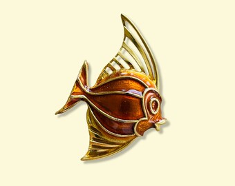 Genuine Vintage Gold-Plated Painted Orange Fish Brooch