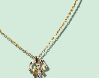 Vintage 18K Gold Plated Chain Necklace Crystal Embedded Bow Pendant - 1980's - Made in UK