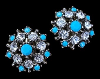 Vintage Silver Plated Turquoise Clip-on Earrings with Diamante - UK 80's