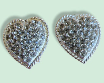 Vintage Earrings - 1980's Silver Plated Heart Shape Clip-on Earrings with Crystals - Made in UK