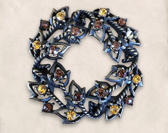 Genuine Retro Vintage Fall Color Rhinestone Wreath Brooch - Made in the UK