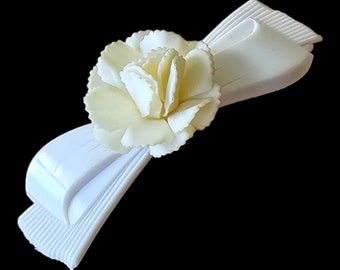 Vintage Barrette - White Bow-Slide Barrette with Cream Rose - Made in USA