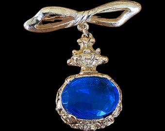 Vintage Brooch - Vintage Brooch - Hanging Solid Medal Brooch with Blue Stone- Made in UK 1980's