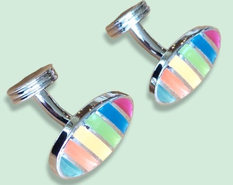 Genuine Charles Tyrwhitt Silver-Plated Multicolor Oval Cufflinks - Made in UK