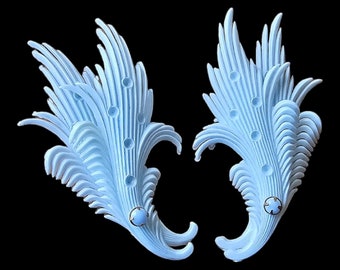 Vintage Powder Blue Fern Shape Clip on Earrings with Blue Glass Stone - Made in Germany