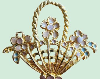 Vintage Brooch - 1980's 18K Gold Plated Painted Enamel Flower Basket Brooch- Made in the UK