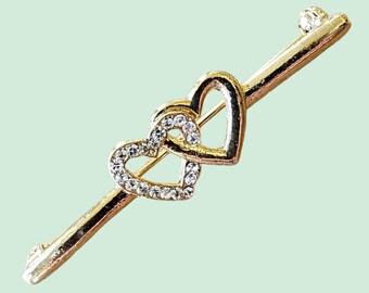 Vintage Brooch - Vintage 1980's Gold-Plated Double Heart Pin with Tiny Crystals - Made in UK