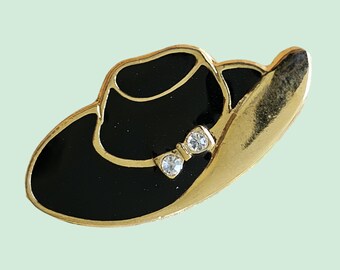 Vintage Brooch - Gold Plated Black Painted Enamel Hat Brooch with Tiny Swarovski Crystals - Made in UK