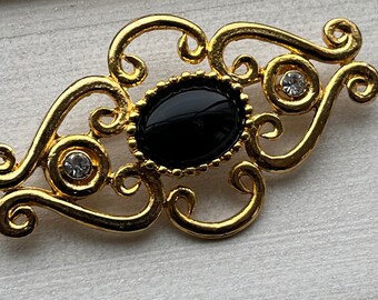 Genuine Vintage Gold-Plated Oval Brooch with Black Stone & Diamante