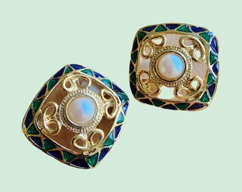 Vintage Earrings - 1980's 18K Gold Plated Blue/Green Clip-on Earrings with Faux Pearl - Made in UK