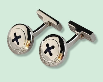 Genuine Ben Sherman Silver Plated 4-hole Button Design Cufflinks with Navy Stitching - Made in UK