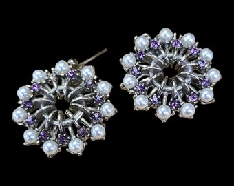 Vintage Faux Pearl & Purple Stone Earrings for Pierced Ears - UK 80's