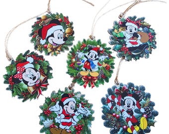 Vintage Wooden Disney (Mickey and Minnie) Christmas Tree Hanging Ornaments