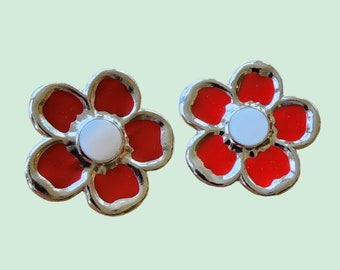 Vintage Silver-Plated Red Daisy Painted Enamel Earrings 1980's - Made in UK