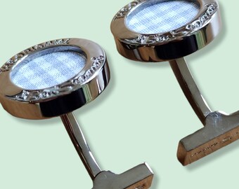 Genuine Ben Sherman Polished Metal Gray Gingham Fabric Cufflinks -Made in UK