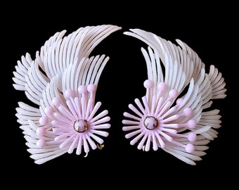 Vintage Pale Pink Feather & Flower Clip on Earrings with Pink Glass Stone - Made in Germany