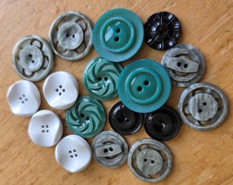 Vintage Button Packs - 19 Mixed Casein Buttons (Black/White/Green/Gray)