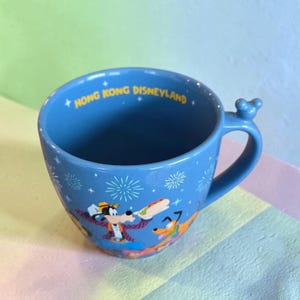 Vintage Hong Kong Disneyland Mickey Mouse & Friends Blue Ceramic Coffee Mug Cup image 2