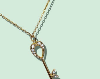 Vintage 18K Gold Plated Chain Necklace Crystal Embedded Key Pendant - 1980's - Made in UK