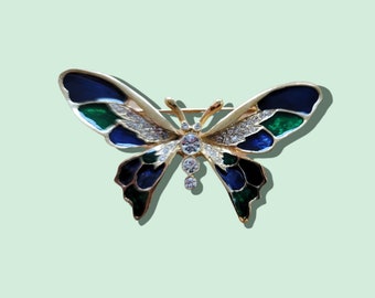 Genuine Vintage Gold-Plated Painted Butterfly Brooch - Made with Swarovski Crystals