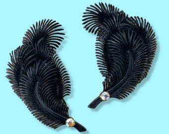 Genuine Vintage Black Plastic Feather Boa Clip-on Earrings with Swarovski Crystal