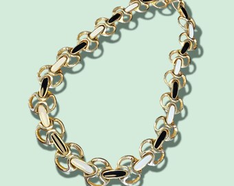 Vintage 18K Gold Plated Black & White Painted Enamel Choker Necklace 1980's - Made in UK