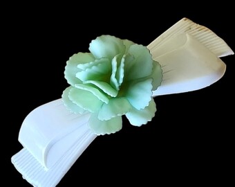 Vintage Barrette - White Bow-Slide Barrette with Green Rose - Made in England