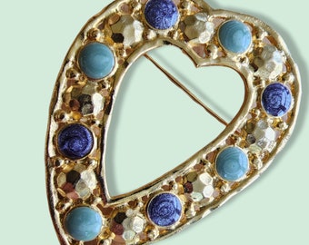 Vintage Brooch - 1980's 18K Gold Plated Painted Enamel Heart Brooch - Made in the UK