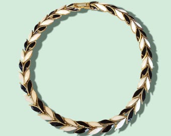 Vintage 18K Gold Plated Painted Black & Cream Enamel Choker Necklace 1980's - Made in UK