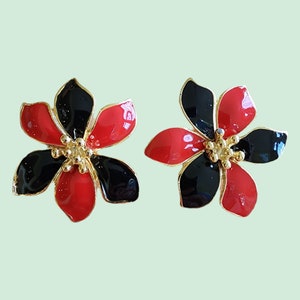 Vintage Earrings - 1980&#39;s 18K Gold Plated Red/Black Enamel Clip on Earrings - Made in UK