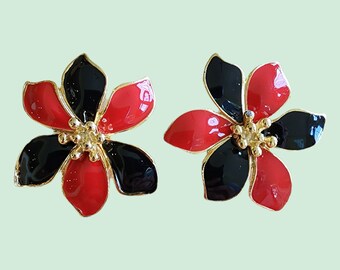 Vintage Earrings - 1980's 18K Gold Plated Red/Black Enamel Clip on Earrings - Made in UK