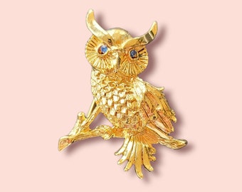 Genuine Vintage Gold-Plated Owl Brooch with Blue Crystal Eyes