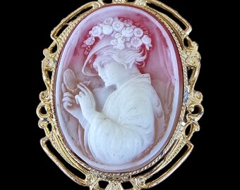 Vintage Brooch - 18K Gold Plated Cameo Brooch Lady with Mirror (coral) - Made in UK 1980's