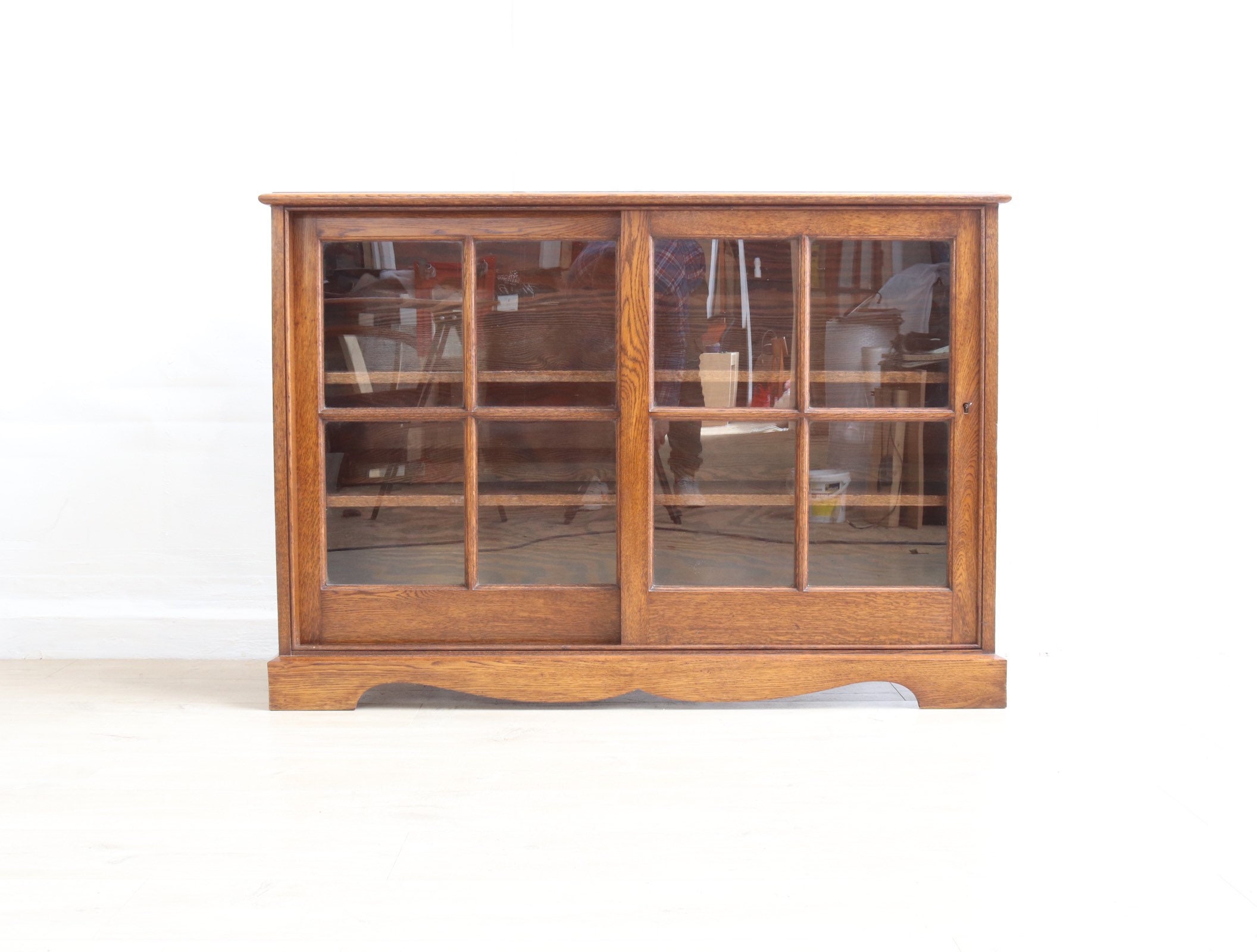 Vintage Antique Oak Low Level Bookcase Sliding Doors Etsy