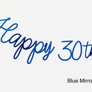 Pode incluir: Uma placa espelhada azul que diz "Happy 30th" em uma fonte cursiva. A placa &eacute; de uma cor azul vibrante e foi projetada para ser uma pe&ccedil;a decorativa para uma celebra&ccedil;&atilde;o de anivers&aacute;rio. O texto &eacute; o ponto focal em um fundo branco.