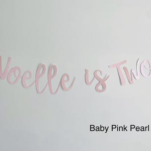 May include: Pink paper banner with the text "Noelle is Two" in a cursive font. The banner is on a white background. Baby Pink Pearl.