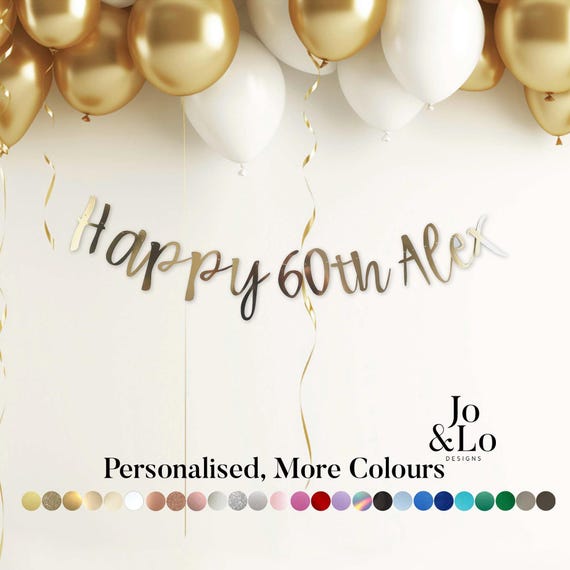 Personalised 60th Birthday Banner: Sixty Gold Party Decoration, Any Age, Custom Colours