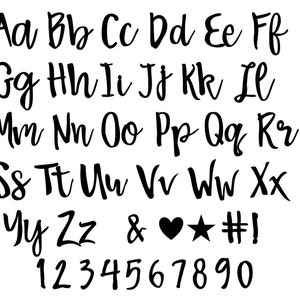 May include: Black and white alphabet letters, numbers, and symbols in a handwritten font. The letters are uppercase and lowercase. The numbers are 1 through 9 and 0. The symbols are an ampersand, a heart, a star, a hash symbol, and an exclamation point.