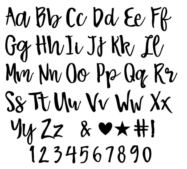 May include: Black and white alphabet letters, numbers, and symbols in a handwritten font. The letters are uppercase and lowercase. The numbers are 1 through 9 and 0. The symbols are an ampersand, a heart, a star, a hash symbol, and an exclamation point.