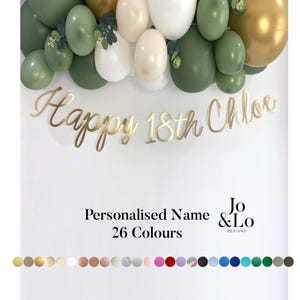 May include: A celebratory balloon display featuring green, white, and gold balloons. A gold banner spells out "Happy 18th Chloe." The image also includes text that says "Personalised Name 26 Colours" and a colour palette.
