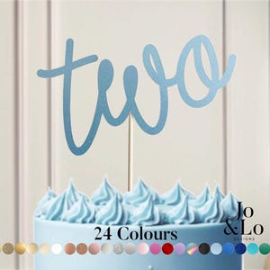 May include: Blue cake topper with the word "two" in a cursive font. The topper is on a blue frosted cake with white frosting swirls. The cake is surrounded by a variety of coloured circles, with the text "24 Colours" and "Jo & Lo Designs" below the cake.