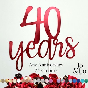 May include: A red metallic cake topper reading "40 years". The text "Any Anniversary 24 Colours" is below the numbers. The cake topper is placed on a cake with red roses. The logo for Jo & Lo Designs is in the bottom right.