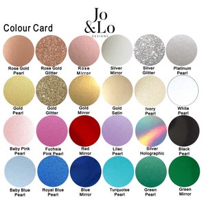 May include: Color card showing 18 different colors and finishes for personalized items.  The colors include rose gold pearl, rose gold glitter, rose mirror, silver mirror, silver glitter, platinum pearl, gold pearl, gold glitter, gold mirror, gold satin, ivory pearl, white pearl, baby pink pearl, fuchsia pink pearl, red mirror, lilac pearl, silver holographic, black pearl, baby blue pearl, royal blue pearl, blue mirror, turquoise pearl, green pearl, and green mirror.
