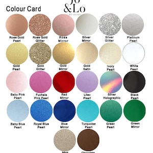 Pode incluir: Um cart&atilde;o de cores da Jo & Lo Designs, apresentando uma variedade de amostras de cores circulares. As cores incluem Rose Gold Pearl, Silver Glitter, Red Mirror e Turquoise Pearl. O cart&atilde;o foi projetado para mostrar diferentes op&ccedil;&otilde;es de cores.