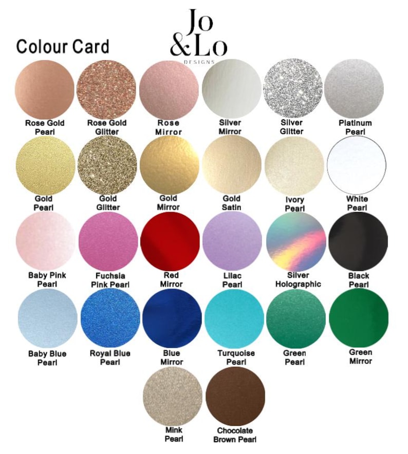 Pode incluir: Um cart&atilde;o de cores da Jo & Lo Designs, apresentando uma variedade de amostras de cores circulares. As cores incluem Rose Gold Pearl, Silver Glitter, Red Mirror e Turquoise Pearl. O cart&atilde;o foi projetado para mostrar diferentes op&ccedil;&otilde;es de cores.