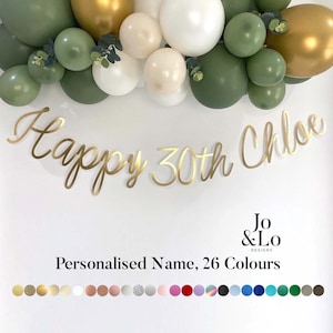 Pode incluir: Uma faixa dourada que diz "Happy 30th Chloe" est&aacute; pendurada sob um arco de bal&otilde;es em tons de verde, branco e dourado. A faixa faz parte de um design personalizado, com 26 op&ccedil;&otilde;es de cores dispon&iacute;veis.