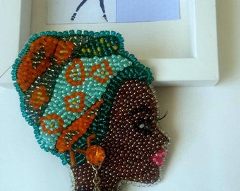 Original character vintage beaded dark skin girl brooch