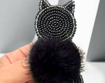 Handmade Czech Glass Beaded Black Cat Brooch - Unique Cat-Girl Design Halloween brooch