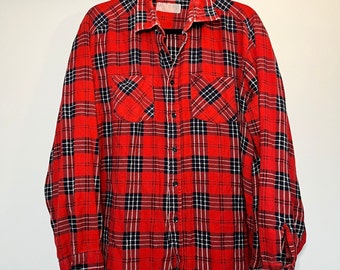 Vintage Red Cotton Flannel Plaid Button Down Distressed 80s