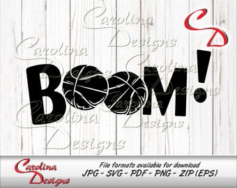 May include: Black and white graphic design with the word "BOOM!" in large letters. Two basketballs are behind the letters.